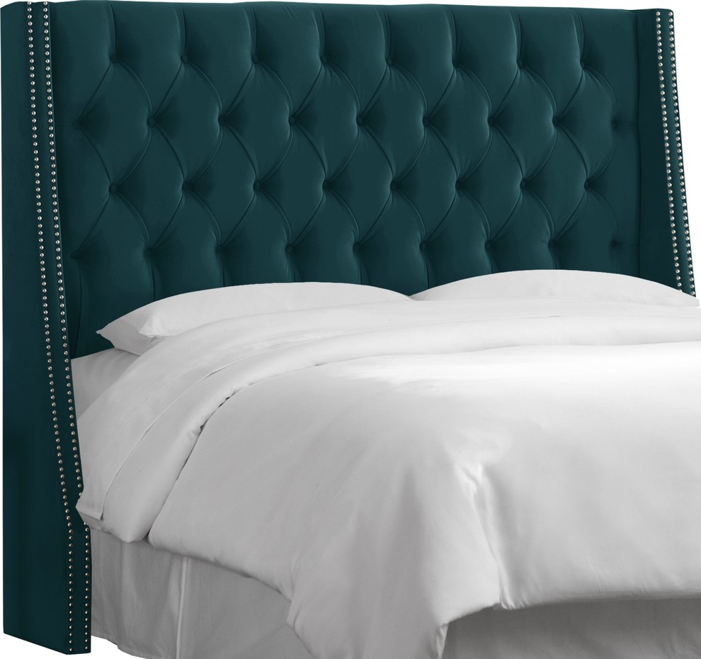 Williams King Nail Button Tufted Wingback Headboard, Mystere Peacock
