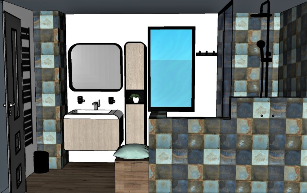 Mid-sized contemporary 3/4 bathroom in Paris with light wood cabinets, an open shower, a wall-mount toilet, multi-coloured tile, white walls, medium hardwood floors, a wall-mount sink, a sliding shower screen, a single vanity and a floating vanity.