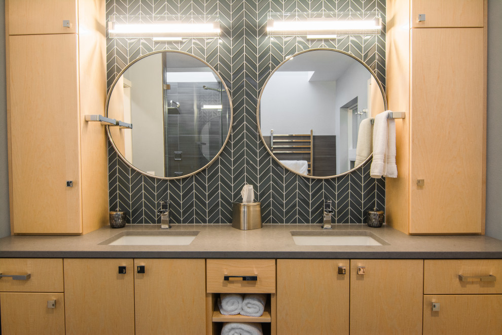 Large minimalist master blue tile and ceramic tile porcelain tile, gray floor and double-sink bathroom photo in Other with flat-panel cabinets, light wood cabinets, gray walls, an undermount sink, quartz countertops, a hinged shower door, gray countertops and a built-in vanity