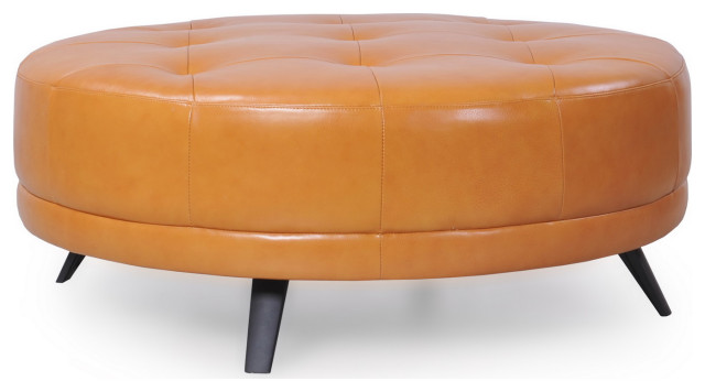 Casablanca Full Leather Round Ottoman, Tan - Midcentury - Footstools ...