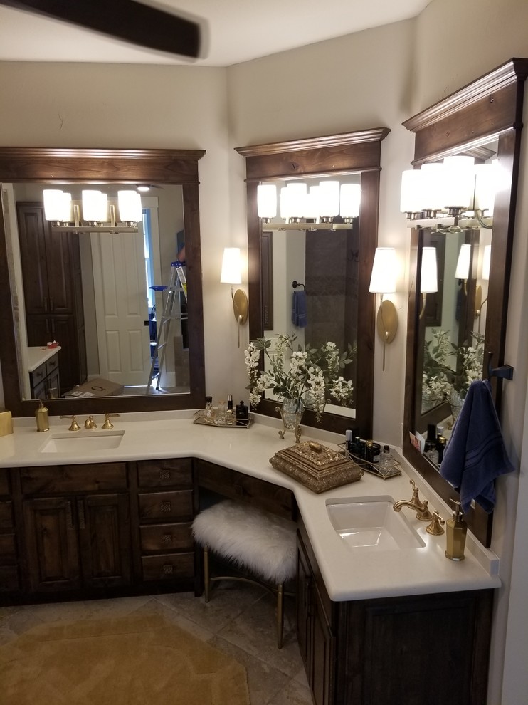 Inspiration for a large traditional master bathroom in Austin with raised-panel cabinets, dark wood cabinets, orange tile, engineered quartz benchtops and yellow benchtops.