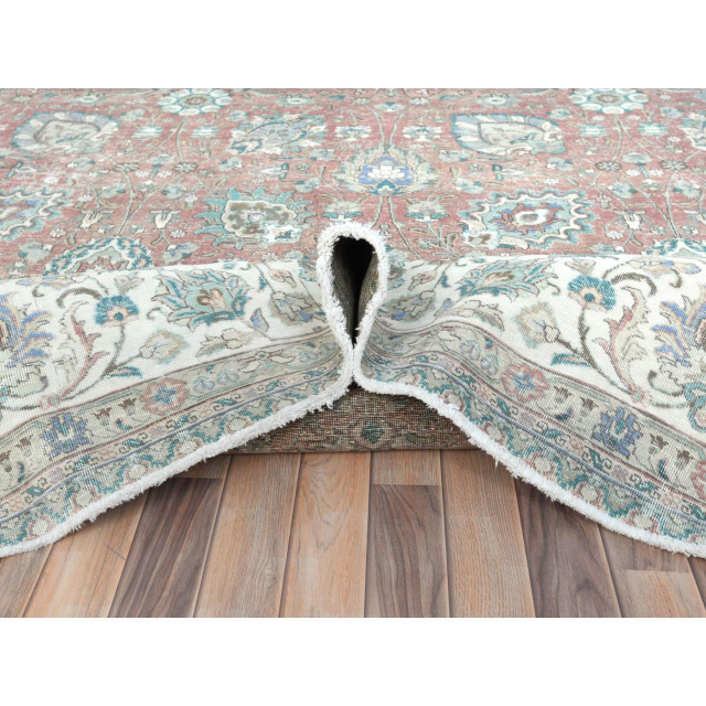 Red Vintage Persian Tabriz Worn Wool Hand Knotted Sheared Low Rug, 11'1 ...