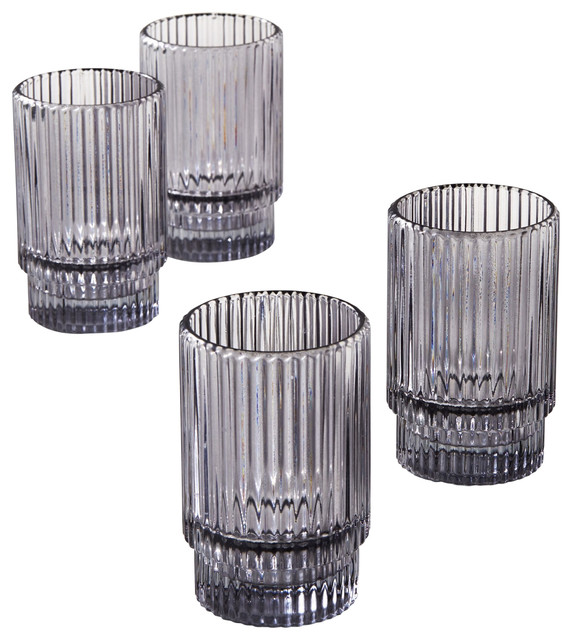 Short Smoke Grey Ribbed Glass Votive Holder, Set of 4 Contemporary