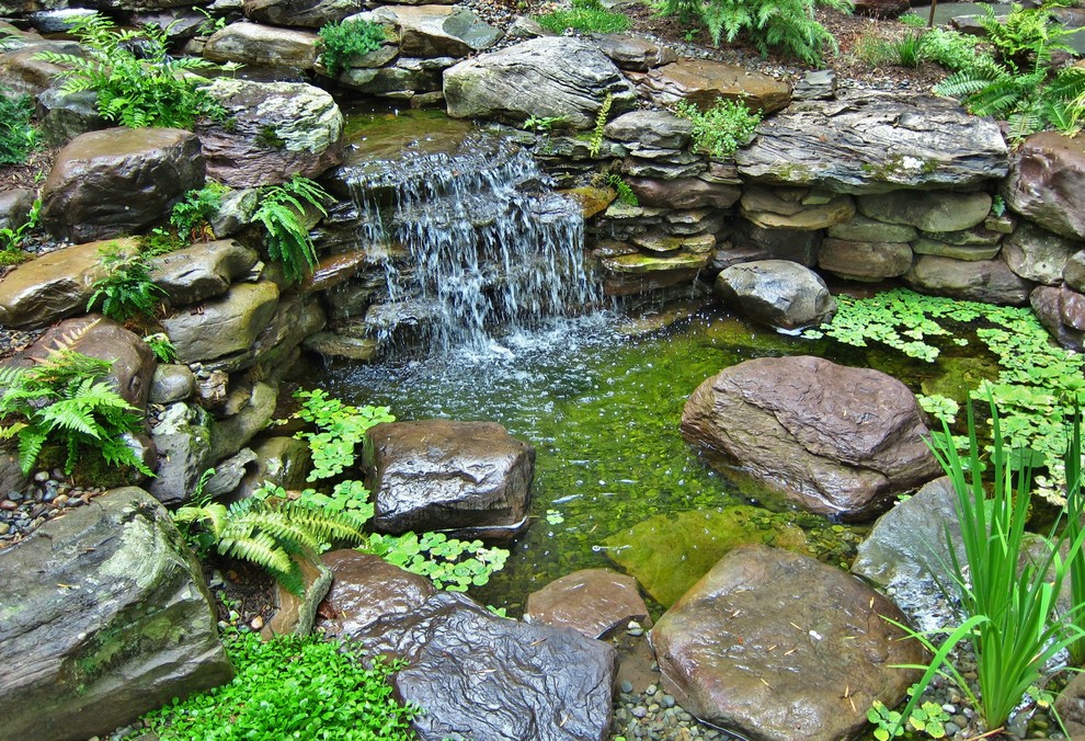 Mid-sized eclectic sloped formal garden in DC Metro with natural stone pavers.