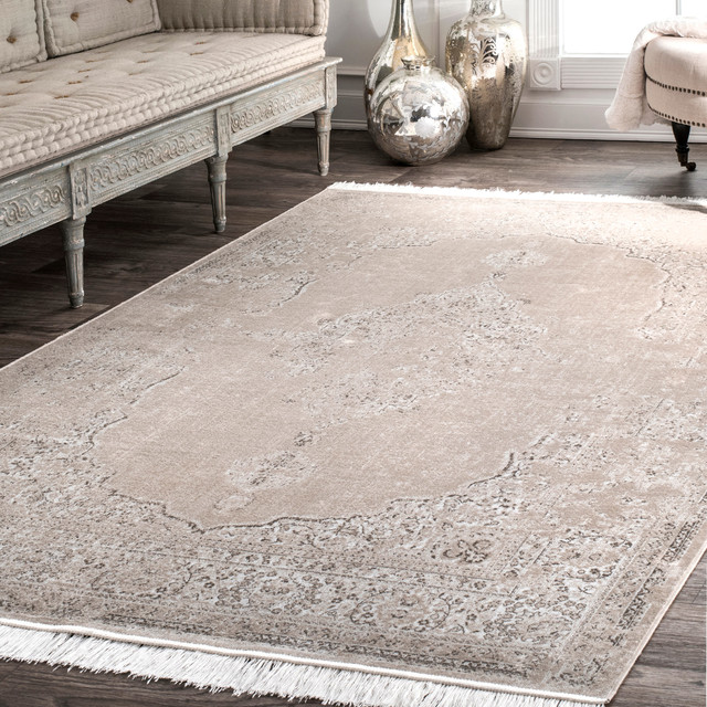 nuLOOM Withering Medallion Fringe Area Rug, Ivory Contemporary Area Rugs by nuLOOM