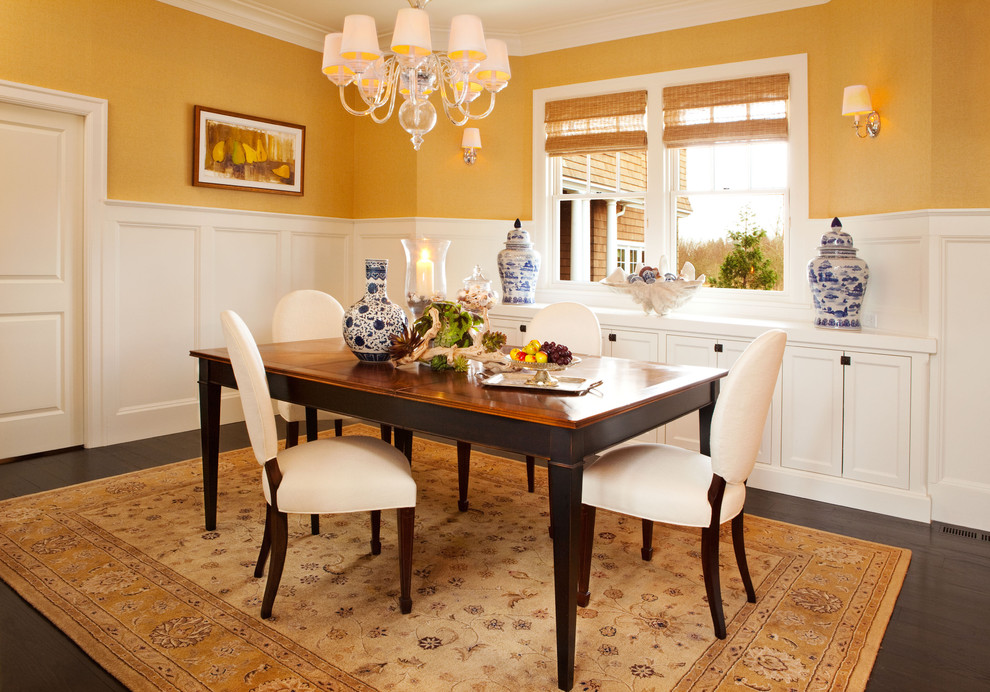 This is an example of a large traditional separate dining room in Portland with yellow walls and dark hardwood floors.
