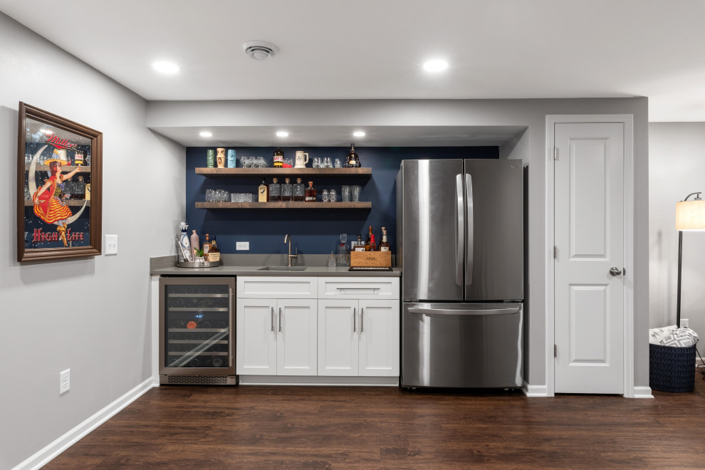 Inspiration for a mid-sized transitional underground vinyl floor basement remodel in Milwaukee