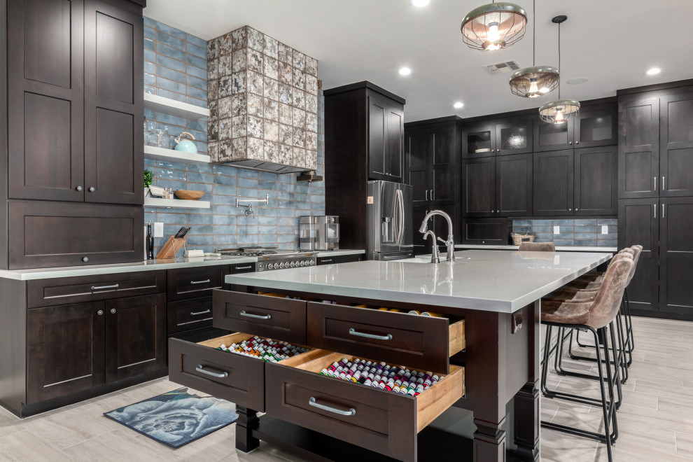 Mountain style eat-in kitchen photo in Phoenix with a farmhouse sink, shaker cabinets, dark wood cabinets, quartz countertops, blue backsplash, subway tile backsplash, an island and white countertops