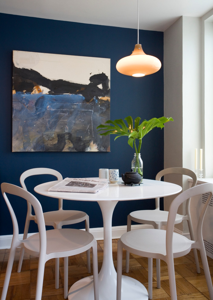 Inspiration for a contemporary dining room in Tampa with blue walls and medium hardwood floors.
