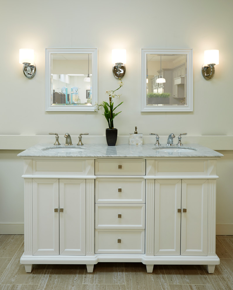 Mid-sized traditional 3/4 bathroom in Baltimore with shaker cabinets, white cabinets, white walls, porcelain floors, granite benchtops, beige floor and an undermount sink.