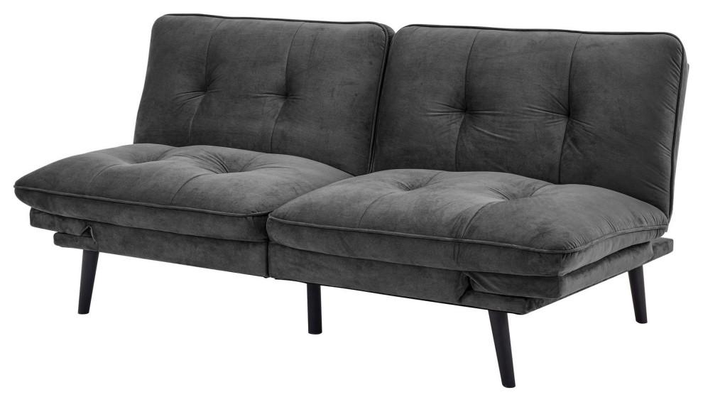 Modern Futon Sofa, Buttonless Tufted Seat With Charging Station, Slate Gray Modern Futons