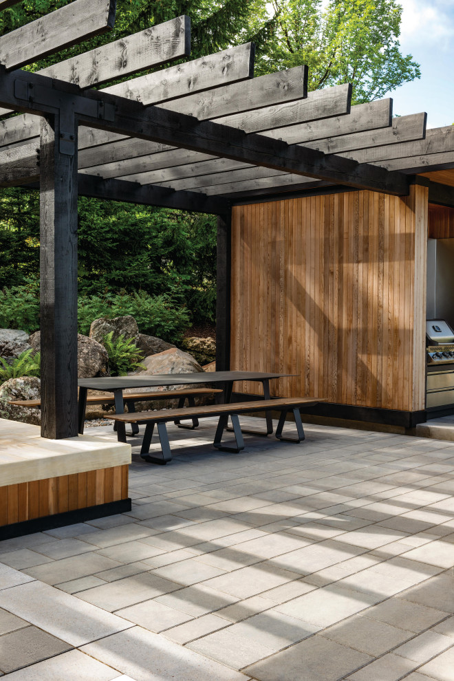 Idées déco pour une terrasse arrière moderne avec une cuisine d'été, une dalle de béton et une pergola.