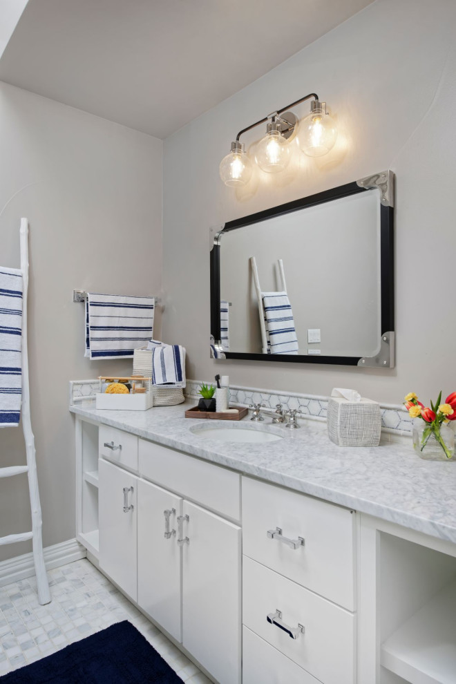This is an example of a mid-sized contemporary master bathroom in Denver with flat-panel cabinets, white cabinets, grey walls, mosaic tile floors, an undermount sink, granite benchtops, white floor, a single vanity and a built-in vanity.