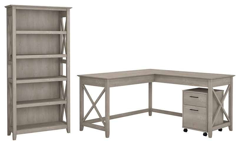 Bush Furniture Key West 60" L Shaped Desk Washed Gray