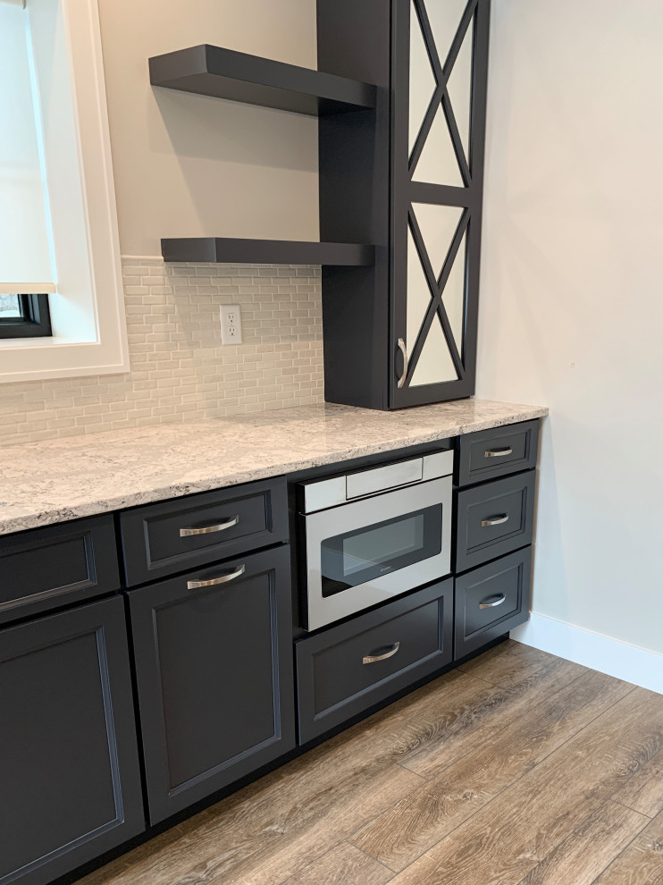 Inspiration for a mid-sized single-wall wet bar in Other with an undermount sink, flat-panel cabinets, blue cabinets, quartz benchtops, beige splashback, grey floor and beige benchtop.
