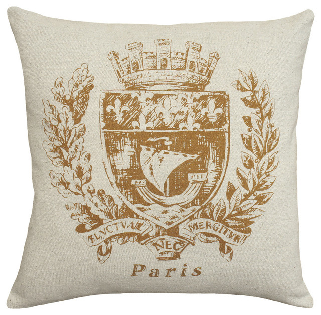 Paris Crest Printed Linen Pillow With Feather-Down Insert, Brown, Caramel