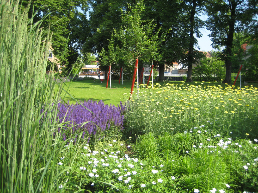 Idéer för att renovera en stor vintage trädgård blomsterrabatt
