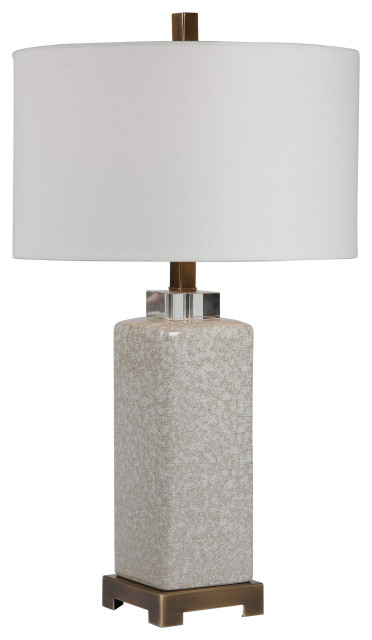 Neutral Cream Taupe Crackle Ceramic Table Lamp Elegant Brass Crystal Earth Tones