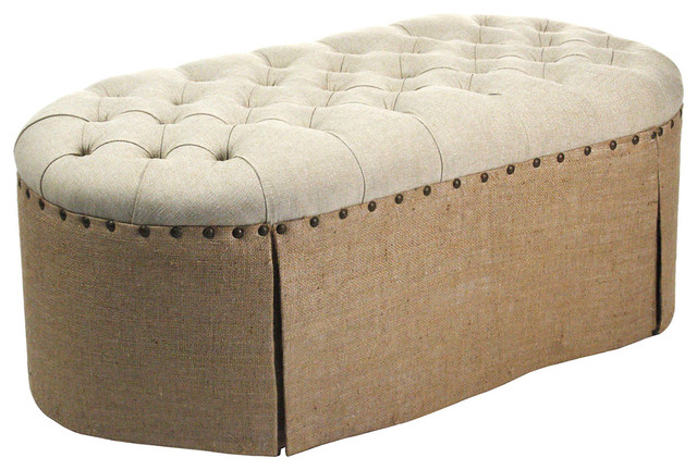 French Country Round Oval Tufted Linen Burlap Skirted Ottoman French Country Round Oval Tufted Linen Burlap Skirted Ottoman