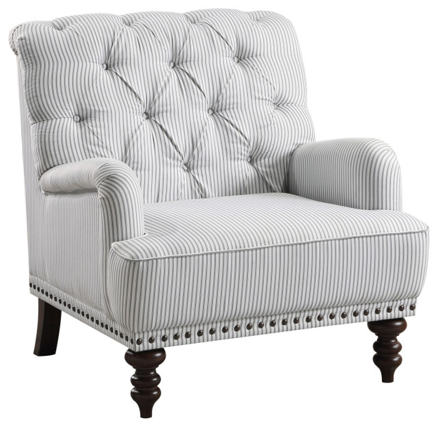Parry 34" Tufted Accent Chair, Gray White Striped Fabric, Turned Legs