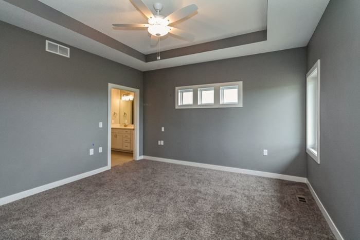 Design ideas for a mid-sized transitional master bedroom in Other with grey walls, carpet and no fireplace.