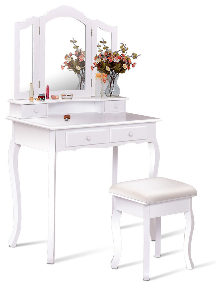 Costway Vanity Makeup Dressing Table Stool 4 Jewelry Wood Desk White Traditional Bedroom Makeup Vanities By Goplus Corp