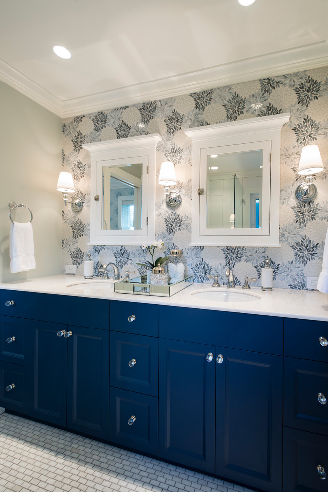 Inspiration for a mid-sized transitional master bathroom in Vancouver with shaker cabinets, blue cabinets, a corner shower, a two-piece toilet, multi-coloured tile, grey walls, mosaic tile floors, an undermount sink and quartzite benchtops.