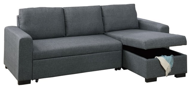 Convertible Fabric 2-Piece Sectional Sofa, Pull-Out Bed Storage Chaise, Blue Gra