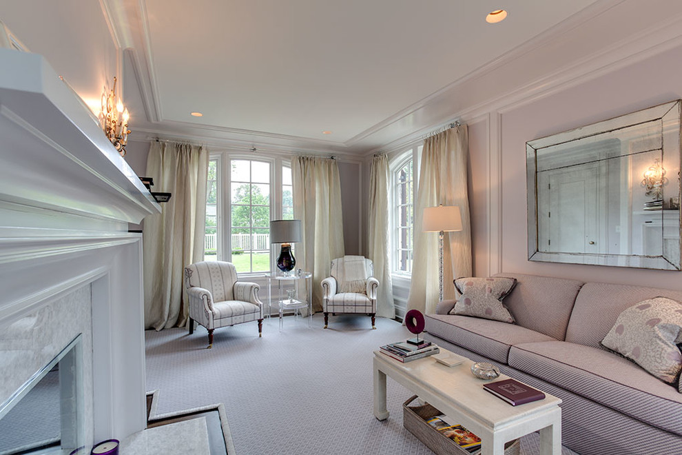 This is an example of a mid-sized traditional enclosed living room in Other with carpet, a standard fireplace, purple walls, a tile fireplace surround, no tv and white floor.