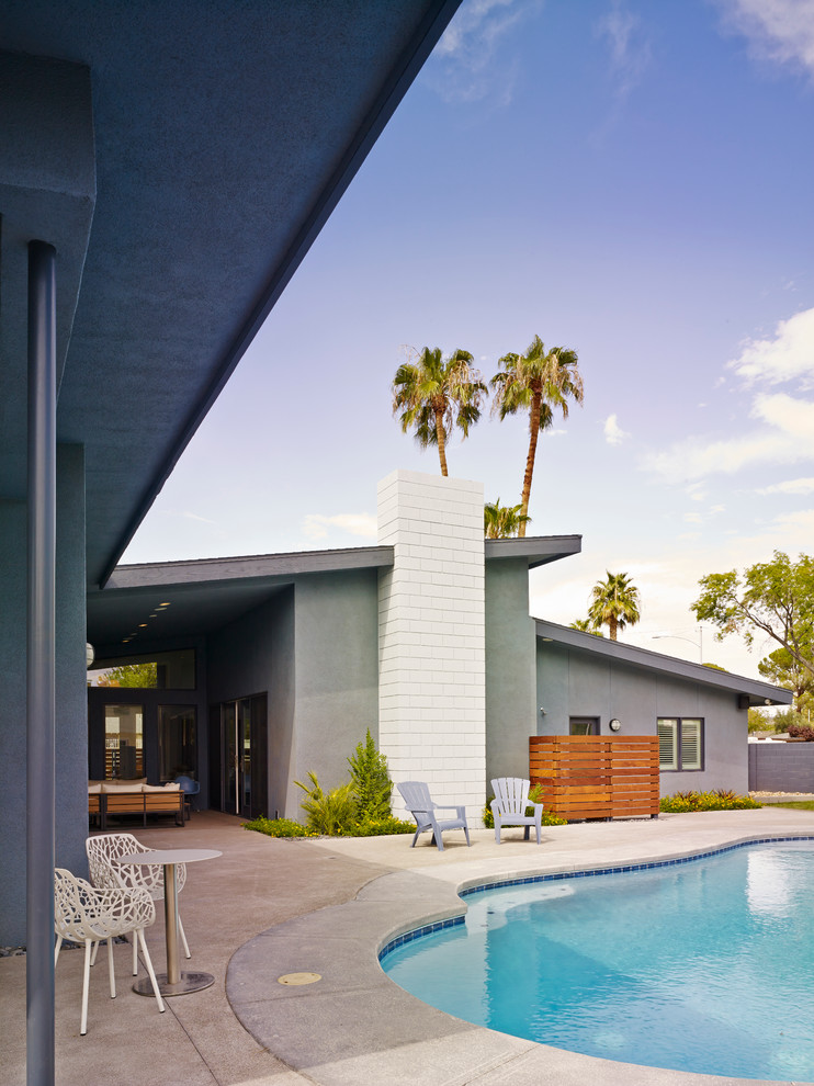 This is an example of a mid-sized midcentury backyard pool with concrete slab.