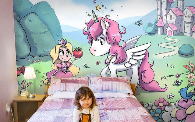 Princess and pink unicorn wallpaper mural