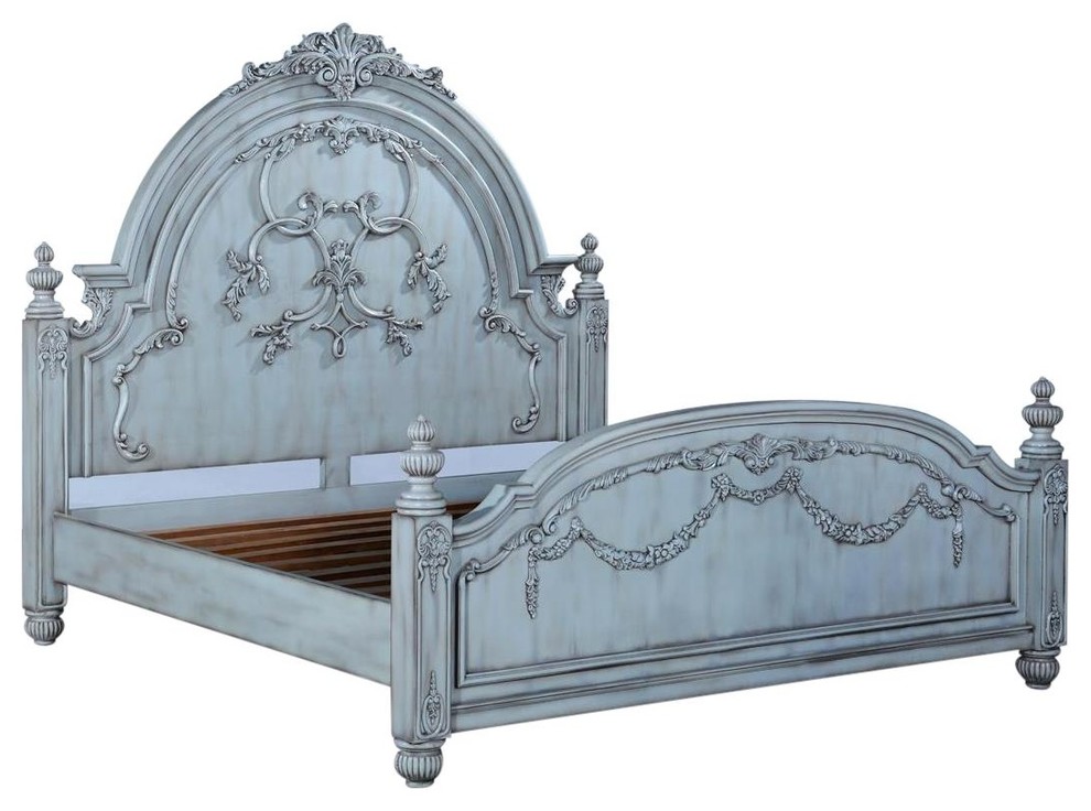 Bed Classical King Glazed Turquoise Blue Carved Solid Wood Distressed