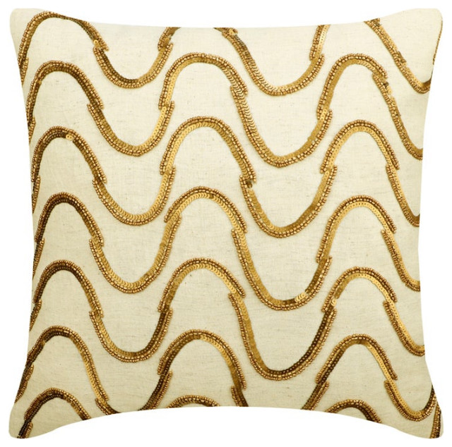 Designer 16"x16" Beaded Waves Sequins Beige Linen Pillow Covers, Waving Gold