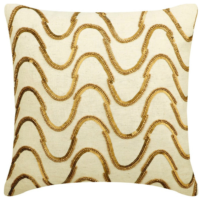 Designer 16"x16" Beaded Waves Sequins Beige Linen Pillow Covers, Waving Gold