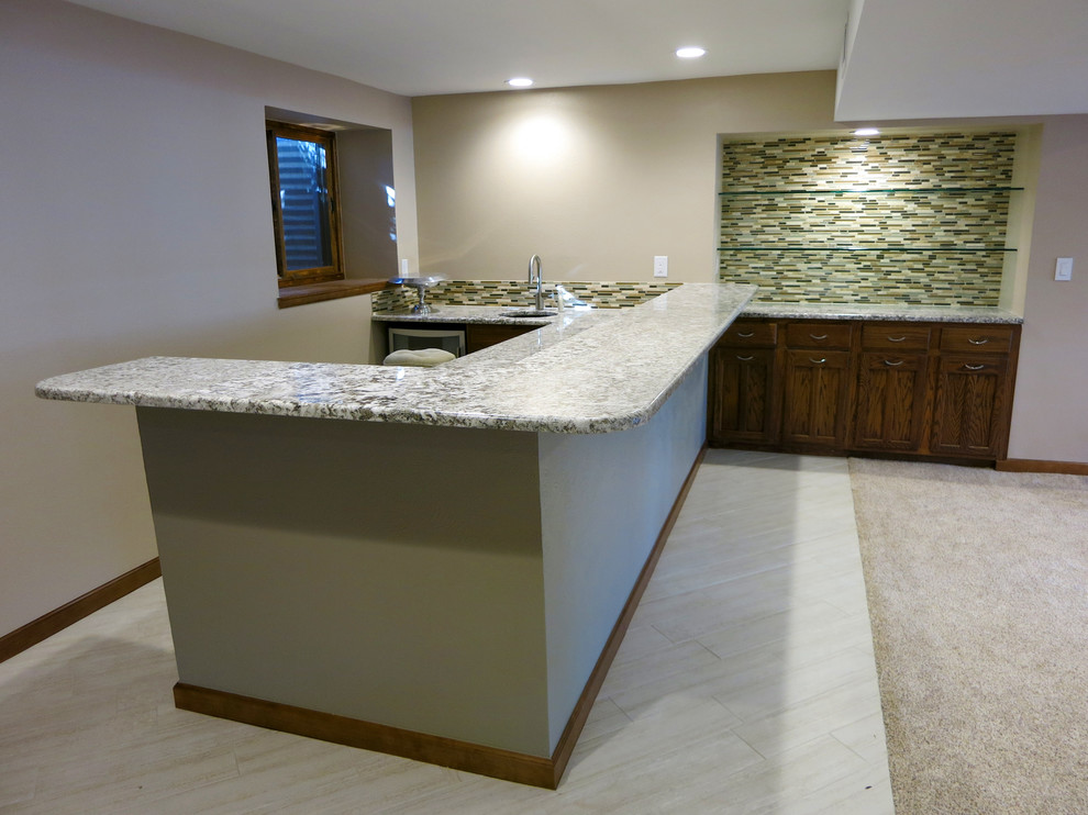 Inspiration for a contemporary basement in Denver with ceramic floors.