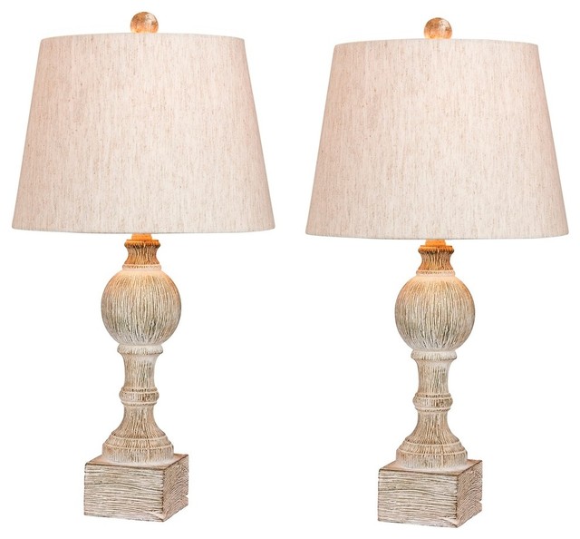 26.5" Distressed Column Resin Table Lamp, Set Of 2, Cottage Antique