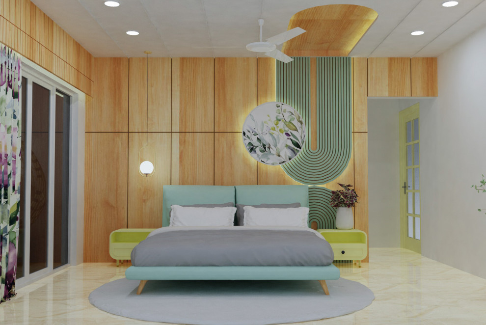 Mittelgroßes Modernes Hauptschlafzimmer mit Holzdecke und Wandpaneelen in Ahmedabad