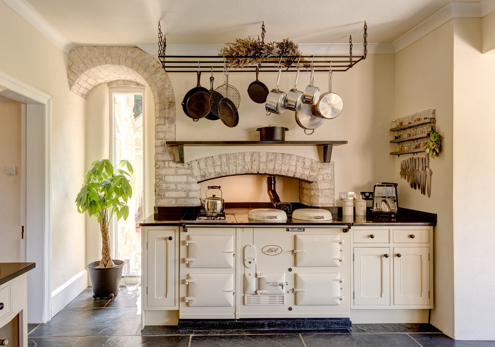 Inspiration for a mediterranean kitchen in Other with shaker cabinets, white cabinets and white appliances.