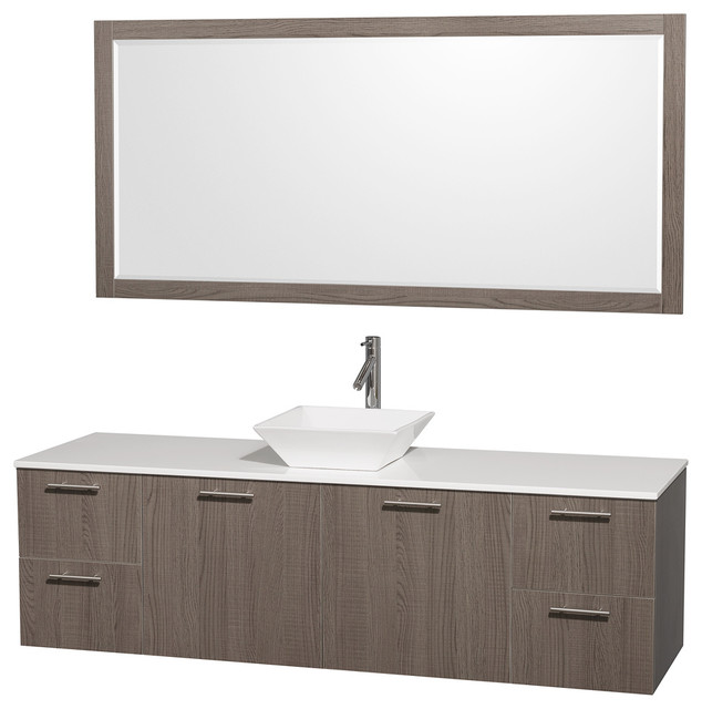 72" Single Bathroom Vanity, Gray Oak, Top, Sink, 70" Mirror