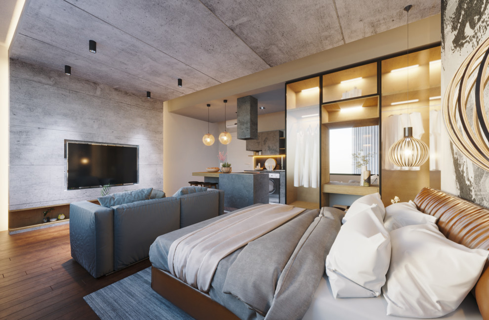 Kleines Modernes Schlafzimmer ohne Kamin, im Loft-Style mit grauer Wandfarbe, Laminat, braunem Boden und Holzdecke in Sonstige