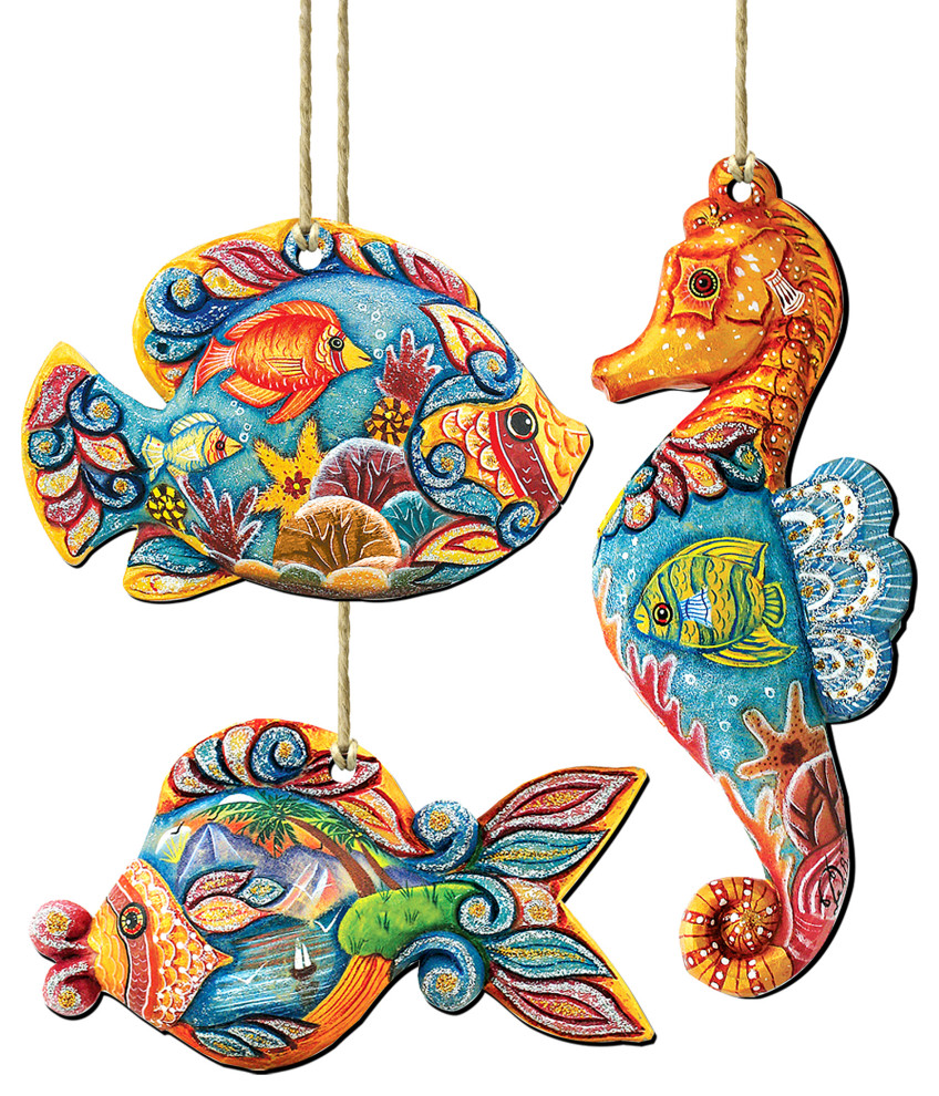 Coastal Wood Ornament Set of 3 Tropical Christmas Ornaments by G