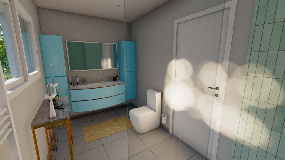 This is an example of a small modern 3/4 bathroom in Paris with flat-panel cabinets, blue cabinets, a curbless shower, a one-piece toilet, green tile, ceramic tile, white walls, ceramic floors, a console sink, tile benchtops, grey floor, an open shower, white benchtops, a single vanity and a floating vanity.