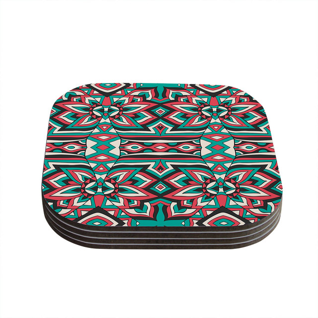 Pom Graphic Design "Ethnic Floral Mosaic" Teal Red Coasters, Set of 4