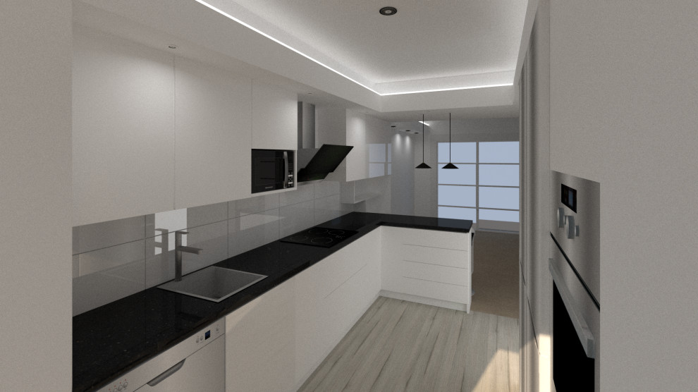 Design ideas for a mid-sized modern l-shaped eat-in kitchen in Madrid with an integrated sink, flat-panel cabinets, white cabinets, granite benchtops, black splashback, granite splashback, stainless steel appliances, light hardwood floors, no island, beige floor and black benchtop.