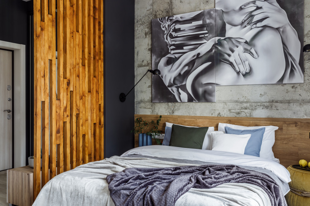 На фото: спальня в белых тонах с отделкой деревом в стиле лофт с серыми стенами, полом из ламината, бежевым полом, панелями на части стены и синими шторами