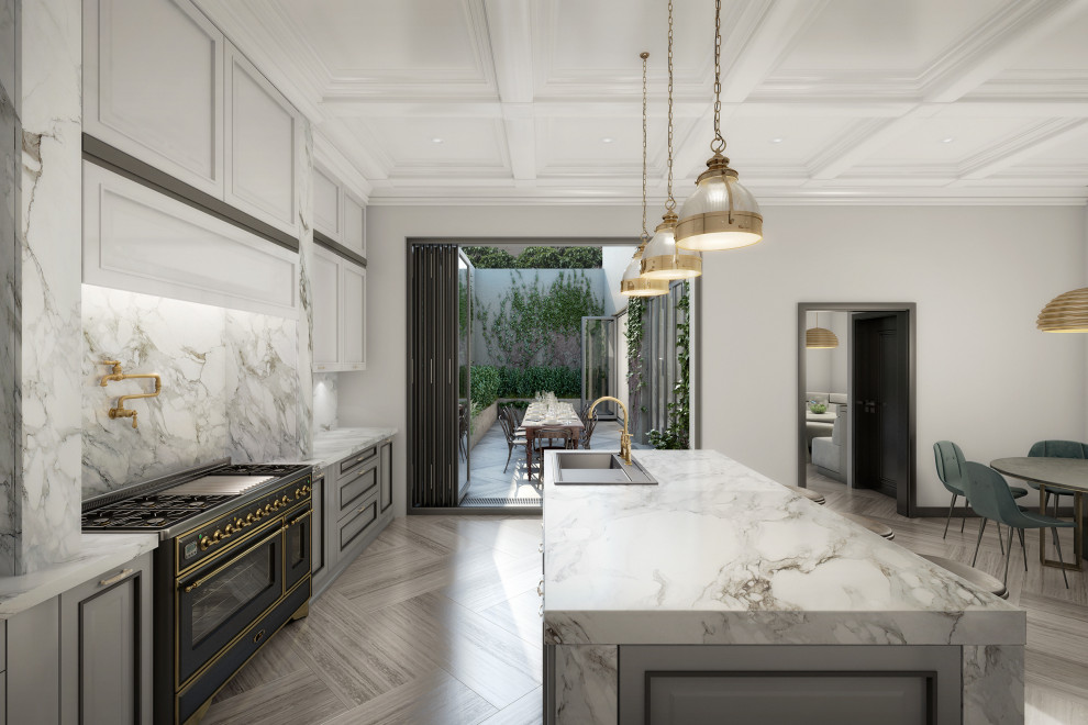 This is an example of an expansive contemporary galley eat-in kitchen in Los Angeles with an undermount sink, shaker cabinets, grey cabinets, granite benchtops, beige splashback, granite splashback, stainless steel appliances, porcelain floors, with island, grey floor, beige benchtop and coffered.