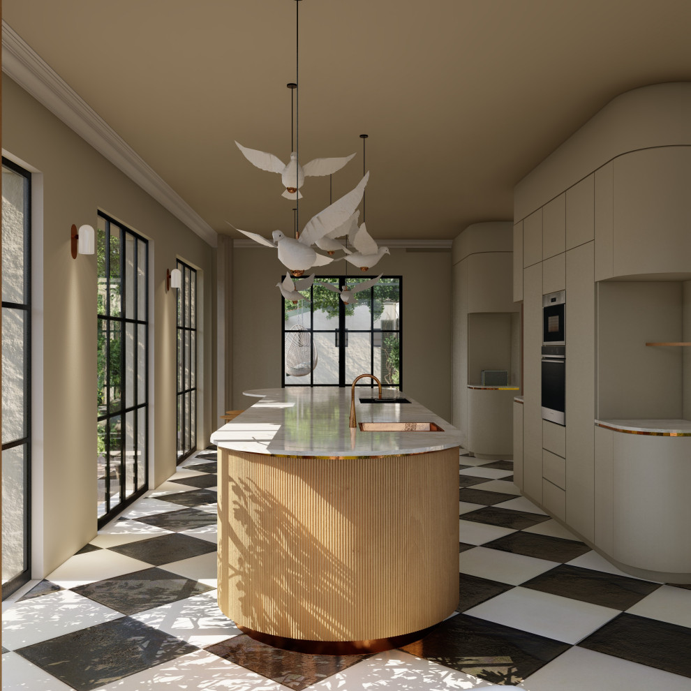 Exemple d'une très grande cuisine ouverte linéaire et beige et blanche chic avec un évier intégré, plan de travail en marbre, une crédence beige, une crédence en marbre, un électroménager noir, un sol en marbre, îlot, un plan de travail beige et papier peint.