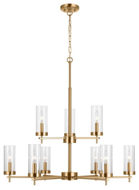 Zire Chandelier, 9-Light, Satin Brass, Clear Shade, 32" Dia ...