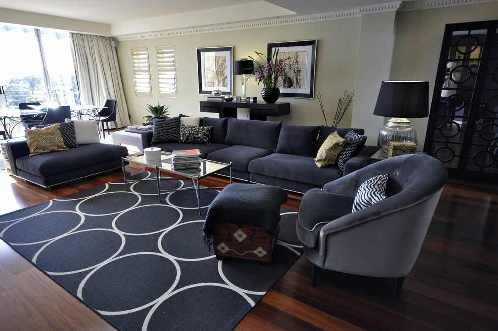 Design ideas for a mid-sized modern open concept living room in Brisbane with dark hardwood floors and no fireplace.