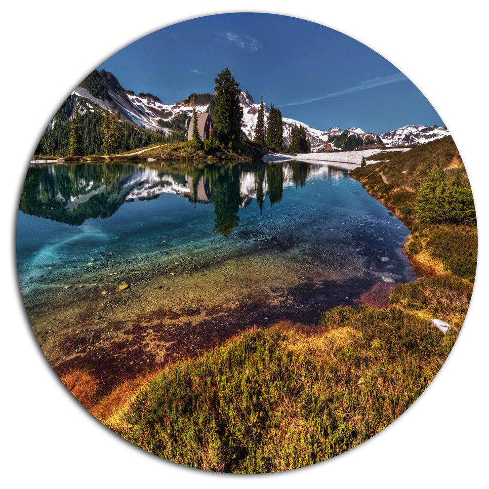 Curving Mountain Lake Shore, Landscape Art Disc Metal Wall Art, Disc of ...